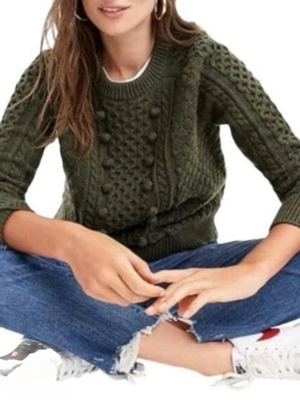 J Crew Cable Knit Sweater Women’s Small Olive Green Wool Blend Preppy Fisherman